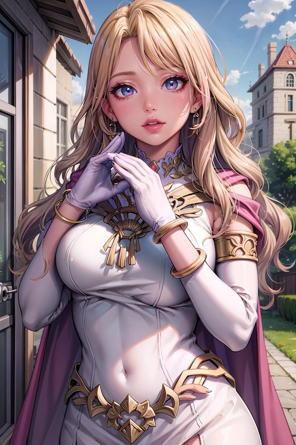 nsfw, (masterpiece, best quality),sharp image, extreme details,high resolution,smooth skin, perfect lighting,
upper body, <lora:elimine-000007:0.8> , fe_elimine,(wavy hairs,eductive smile:1.2),half-closed_eyes, dress,gloves, white dress, elbow gloves, single glove,long dress, looking at viewer, cape, jewelry,medium breasts, closed mouth, breasts, white gloves,armlet, bracelet, circlet, gold trim,outdoor
beautiful eyes, big breasts, <lyco:GoodHands:1.0>, perfect hands, nice hands,