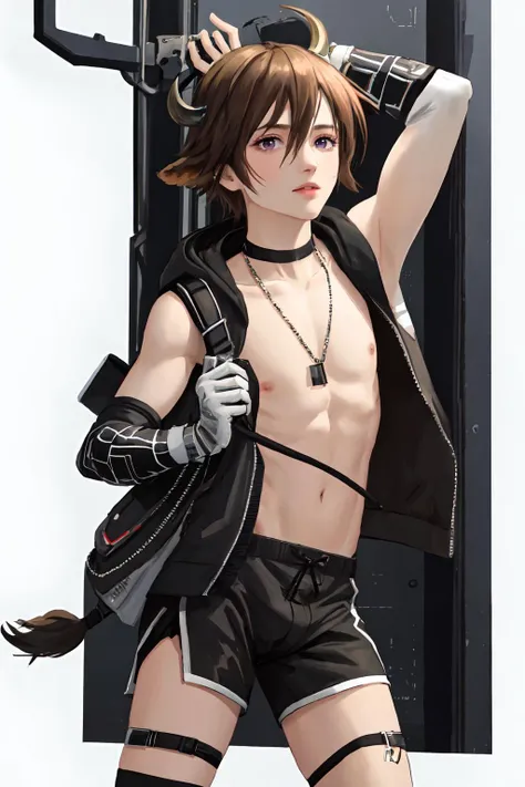 (((masterpiece))), (((best quality))), ((ultra-detailed)), (best illustration), (best shadow), ((an extremely delicate and beautiful)), official art, (artbook), extremely detailed 4k CG, original, (extremely detailed CG unity 8k wallpaper:1.1), (photorealistic), (illustration:1.1),
star night, starry sky, cyberpunk ,water splashing, solo, male focus, 1 detailed boy,
cow boy, cow horns, cow ears, brown hair, <lora:Z_Arknights_Bison:0.8>,
1boy, male focus, jacket, solo, purple eyes, shield, gloves, white background, pants, looking at viewer, full body, black shirt, simple background, white jacket, tail, shirt, black footwear, standing, cow boy, shoes, open jacket, bag, holding, open clothes, hair between eyes, bangs, backpack, short hair, hooded jacket, smile, black pants, sneakers, grey pants, hood, necklace, collarbone, weapon, jewelry, cow tail, closed mouth