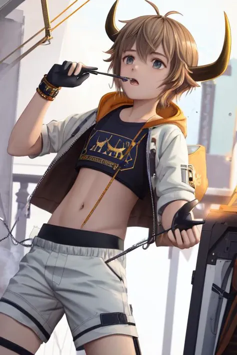 (((masterpiece))), (((best quality))), ((ultra-detailed)), (best illustration), (best shadow), ((an extremely delicate and beautiful)), official art, (artbook), extremely detailed 4k CG, original, (extremely detailed CG unity 8k wallpaper:1.1), (photorealistic), (illustration:1.1),
star night, starry sky, cyberpunk, water splashing, bison\(arknights\), bison\(outfit\), detailed white jacket, black shirt, <lora:A111_Arknights_Bison-000007:1>, bison \(arknights\),
(brown hair:1.2), cow horns,
(a detailed boy:1.2), 10 years old boy, (male child:1.2),
exposed belly, exposed arm, (+++perfect hand+++:1.2), male underwear, bulge,