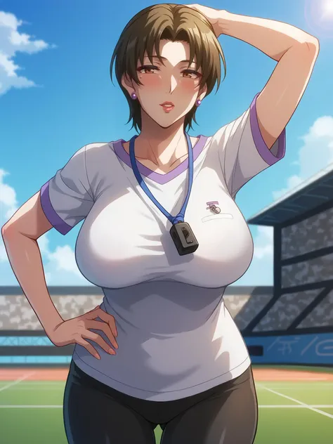 score_9, score_8_up, score_7_up, score_6_up, BREAK,
IkumiSunohara is standing, hand on own hip, holding whistle, arm up, 
1girl, mature female, milf, solo, legs apart, cowboy shot, 
looking at viewer, blush, parted lips, 
short hair, brown eyes, earrings, shiny, lips,
white purple two-tone T-shirt, multicolored clothes,  short sleeves, black yoga pants,
large breasts, thighs,
outdoors, stadium, blue sky,
 <lora:IkumiSunohara3216XL:1>