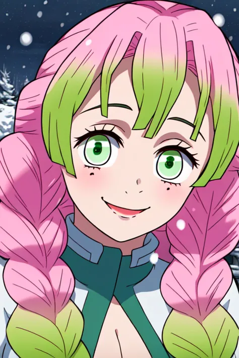 masterpiece, best quality, highly detailed, highres, hdr, 1girl, solo, (videl)++ in the snow, sexy smile, snow trees, green eyes,  long hair, pink hair green