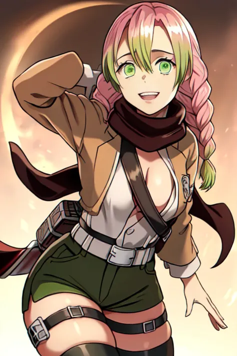 aot style, shingeki no kyojin, (kanroji_mitsuri)+, pink and green hair, green eyes, 1girl, arm strap, bangs, black pants, breasts, cowboy shot, embers, grey background, hair between eyes, harness, long sleeves, happy, smile, looking at viewer, medium breasts, pants, red scarf, scarf, shirt, long hair, smoke, solo, thigh strap, brown jacket, white shirt, survey corps \(emblem\) , ((masterpiece)), best quality