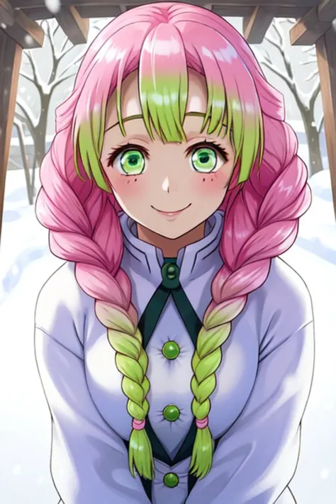 masterpiece, best quality, highly detailed, highres, hdr, 1girl, solo, (mitsuri)++ in the snow, in love, sexy smile, love hearts, snow trees, green eyes, long hair, pink hair green