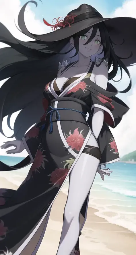 masterpiece, best quality, The Spirit, breast, light smile, dark forest, fog, black hair, blue skin, floating hair, hat, black bikini, beach kimono, green eyes, sun hat, beach hat