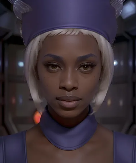 stewardess, 1girl, age19, dark skin, uniform, short skirt, in the style of fifth element, UHD, 8K, DSLR, intricate details, realistic, <lora:Stewardess1A:1>
