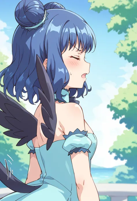 score_9, score_8_up, score_7_up, source_anime BREAK
mew mint, blue hair, closed eyes, open mouth, blush, solo, tree, 1girl, sweatdrop, black wings, bare shoulders, outdoors, from side, profile, out of frame, long hair, day, feathers, short hair, sweat, upper body, detached sleeves, :d, bangs, bird tail, anime coloring, medium hair, arm garter, hair ornament, eyebrows visible through hair, choker, blue dress, armband, puffy short sleeves, sleeveless, depth of field, puffy detached sleeves, side bun, strapless dress, mini wings, armlet, aqua dress, black feathers, ribbon, from behind, double bun, blue gloves, blue sky, v-shaped eyebrows, detached collar, tail wagging
<lora:mew_mint_aizawa_mint_sdxl_locon_pony_v1:0.7>