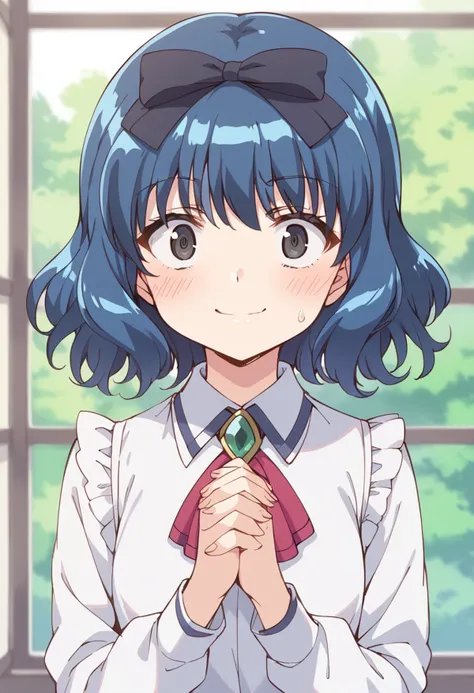 score_9, score_8_up, score_7_up, source_anime BREAK
aizawa mint, 1girl, solo, own hands together, blue hair, smile, blush, own hands clasped, short hair, sweat, hair bow, eyebrows visible through hair, white shirt, collared shirt, frills, v-shaped eyebrows,, black bow, interlocked fingers, looking at viewer, closed mouth, upper body, wavy hair, constricted pupils, bangs, ascot, brooch, red neckwear, sweatdrop, window, shiny hair, nervous, black eyes, blurry background, day, wide-eyed, anime coloring, indoors, hands up, white shirt, portrait, face, eyebrows, nervous smile, depth of field, smirk, fingernails, smug, blue eyes, close-up, looking to the side, sweating profusely, sanpaku, looking away, tree, nervous sweating, collared shirt
<lora:mew_mint_aizawa_mint_sdxl_locon_pony_v1:0.7>