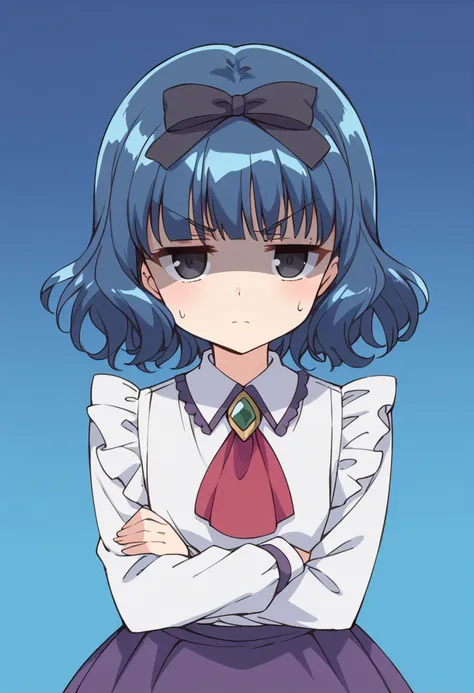 score_9, score_8_up, score_7_up, source_anime BREAK
aizawa mint, blue hair, turn pale, short hair, sweatdrop, jitome, no mouth, grey eyes, blue background, long sleeves, gloom \(expression\), hair bow, 1girl, hair ribbon, brooch, sweat, simple background, empty eyes, looking at another, upper body, frills, blue eyes, white shirt, solo, eyebrows visible through hair, black ribbon, expressionless, black bow, purple skirt, pink neckwear, looking at viewer, v-shaped eyebrows, blouse, collared shirt, black eyes, apron, frilled shirt collar, blush, shaded face, v arms, peeking out, out of frame, red neckwear, blank eyes, frilled shirt, red ascot, gradient background, blunt bangs
<lora:mew_mint_aizawa_mint_sdxl_locon_pony_v1:0.7> <lora:jitome_pony_v01Ca:2>