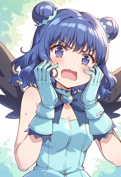 score_9, score_8_up, score_7_up, source_anime BREAK
mew mint, 1girl, solo, , blue hair, double bun, open mouth, blush, blue eyes, v-shaped eyebrows, short hair, blue gloves, sweatdrop, rectangular mouth, hands on own face, bare shoulders, angry, square mouth, surprised, chibi, ringed eyes, hair ornament, upper body, black wings, no nose, light rays, hand on own face, eyebrows visible through hair, sweat, ribbon, sunlight, looking at viewer, bangs, hands on own cheeks, :o, sunbeam, dress, purple eyes, shouting, aqua gloves, hand on own cheek, embarrassed, d:, heart brooch, hands up, blue bow, blue choker, portrait, panicking, wavy mouth, blue bowtie, wavy hair
<lora:mew_mint_aizawa_mint_sdxl_locon_pony_v1:0.7>