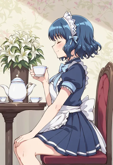 score_9, score_8_up, score_7_up, source_anime BREAK
aizawa mint, waitress, solo, 1girl, blue hair, maid, closed eyes, short hair, maid headdress, sitting, teacup, chair, table, smile, profile, teapot, from side, ribbon, maid apron, hairband, plant, frills, english text, light smile, wavy hair, blue dress, puffy short sleeves, enmaided, saucer, holding cup, hand on lap, closed mouth, vase, leaf, mug, tray, blush, blue eyes, eyelashes, blue skirt, lily \(flower\), pleated skirt, blue bow, white apron, indoors, on chair, frilled apron, blue bowtie, hand on own thigh, pleated dress
<lora:mew_mint_aizawa_mint_sdxl_locon_pony_v1:0.7>