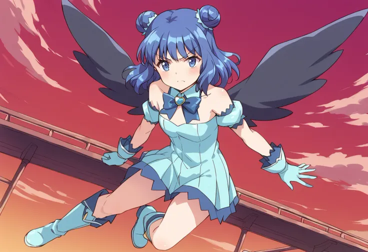 score_9, score_8_up, score_7_up, source_anime BREAK
mew mint, 1girl, solo, double bun, blue eyes, blue hair, short hair, blush, frown, hair ornament, blue skirt, flying, blue footwear, v-shaped eyebrows, blue theme, closed mouth, blue gloves, black wings, full body, serious, eyebrows visible through hair, bowtie, bare shoulders, blue bow, blue dress, high heels, blue neckwear, sidelocks, choker, angry, shiny hair, bangs, detached collar, outdoors, bridge, detached sleeves, sky, pleated skirt, foreshortening, aqua footwear, looking at viewer, boots, brooch, puffy sleeves, puffy detached sleeves, anime coloring, red sky, short sleeves
<lora:mew_mint_aizawa_mint_sdxl_locon_pony_v1:0.7>