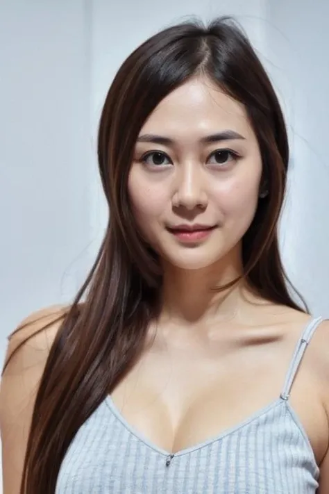photo of a girl, hand on hips, solo focus, posing for a photo, (detailed face), simple white background, looking at viewer <lora:aurakasih:0.9>