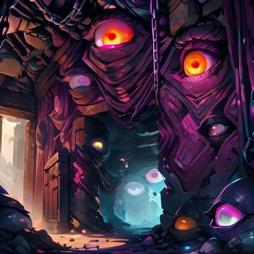 ((a hero enters an ancient ruined temple)), world of warcraft, void lords, void corruption, tentacles, cosmic prison of the old gods, chains, place of ancient evil, purple and pink flesh tones, ancient obsidian stonework, (vertical eyes), glowing eyes:1.4, orange eyes on the walls, eyes everywhere, full of eyes, <lora:eyes everywhere:0.7>, <lora:kVoidEnergy:0.5>, prettyeyes, <lora:epi_noiseoffset2_1:1.0>, <lora:MarblingAI:1.0>