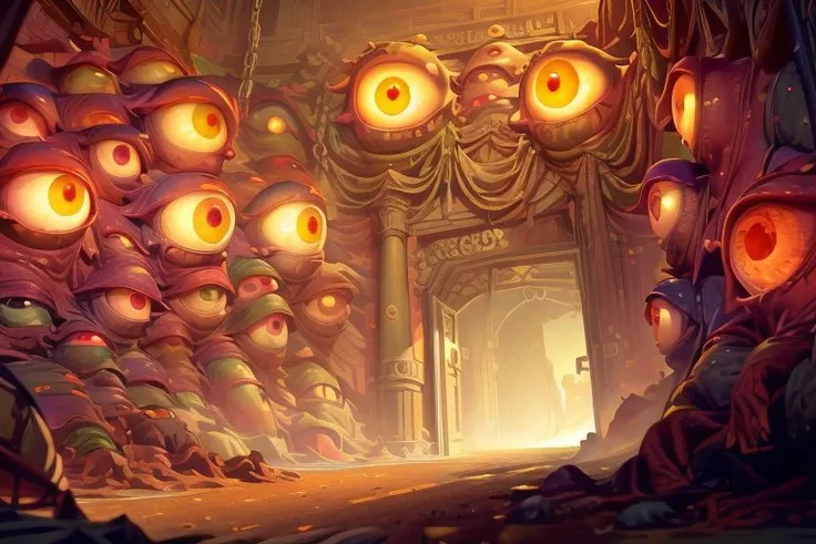 a hero walks deep into a massive underground cave, with shadow tentacles and many eyes on the walls, Twilight cultists, Old God, chains, purple and pink flesh tones, world of warcraft, ancient obsidian glass stonework, (vertical eyes), glowing runes, glowing eyes:1.4, orange eyes on the walls, eyes everywhere, full of eyes, <lora:eyes everywhere:0.8>, <lora:TentacleHorror:1.0>, <lora:add_detail:1.0>, by Alex Horley