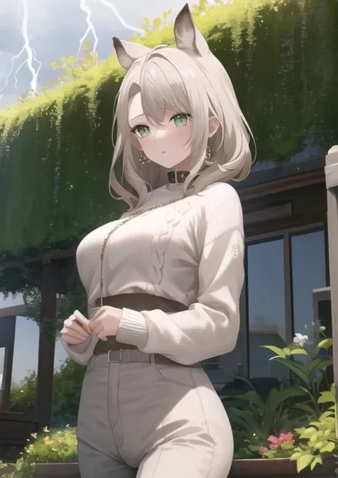 masterpiece, best quality, highres, 1girl, garden background , white background, perfect lightning, giovanna, <lyco:Giovanna:0.85>, white sweater, high collar sweater, long pants