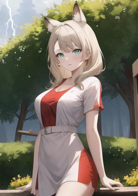 masterpiece, best quality, highres, 1girl, garden background , white background, perfect lightning, giovanna,  <lyco:Giovanna:0.7>, red short dress, red t- shirt, animal ears