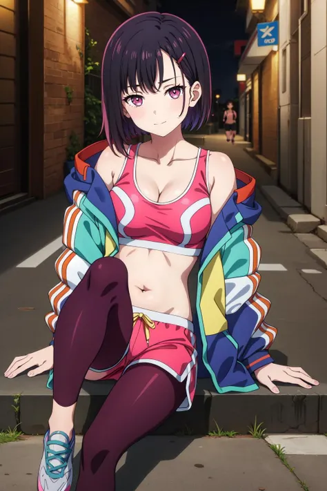 masterpiece, best quality, MShizukaV4, 1girl, solo, looking at viewer, slight smile, sitting, hair ornament, long sleeves, navel, cleavage, closed mouth, collarbone, jacket, open clothes, shoes, sneakers, shorts, hairclip, midriff, crop top, multicolored clothes, sports bra, dark purple leggings, legwear under shorts, pink shorts, city alley, steps, night, cowboy shot, <lora:MShizukaV4-10:0.8>