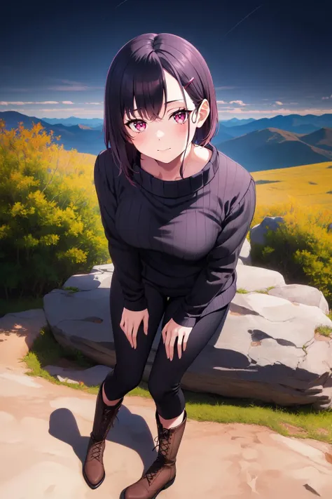 masterpiece, best quality, MShizukaV4, 1girl, solo, looking at viewer, slight smile, sitting, ((sweater, black sweater, black pants, tighhighs boots, boots:1.3)), hair ornament, closed mouth, hairclip, outdoors, mountain, night, cowboy shot, from above, <lora:MShizukaV4-10:0.75>