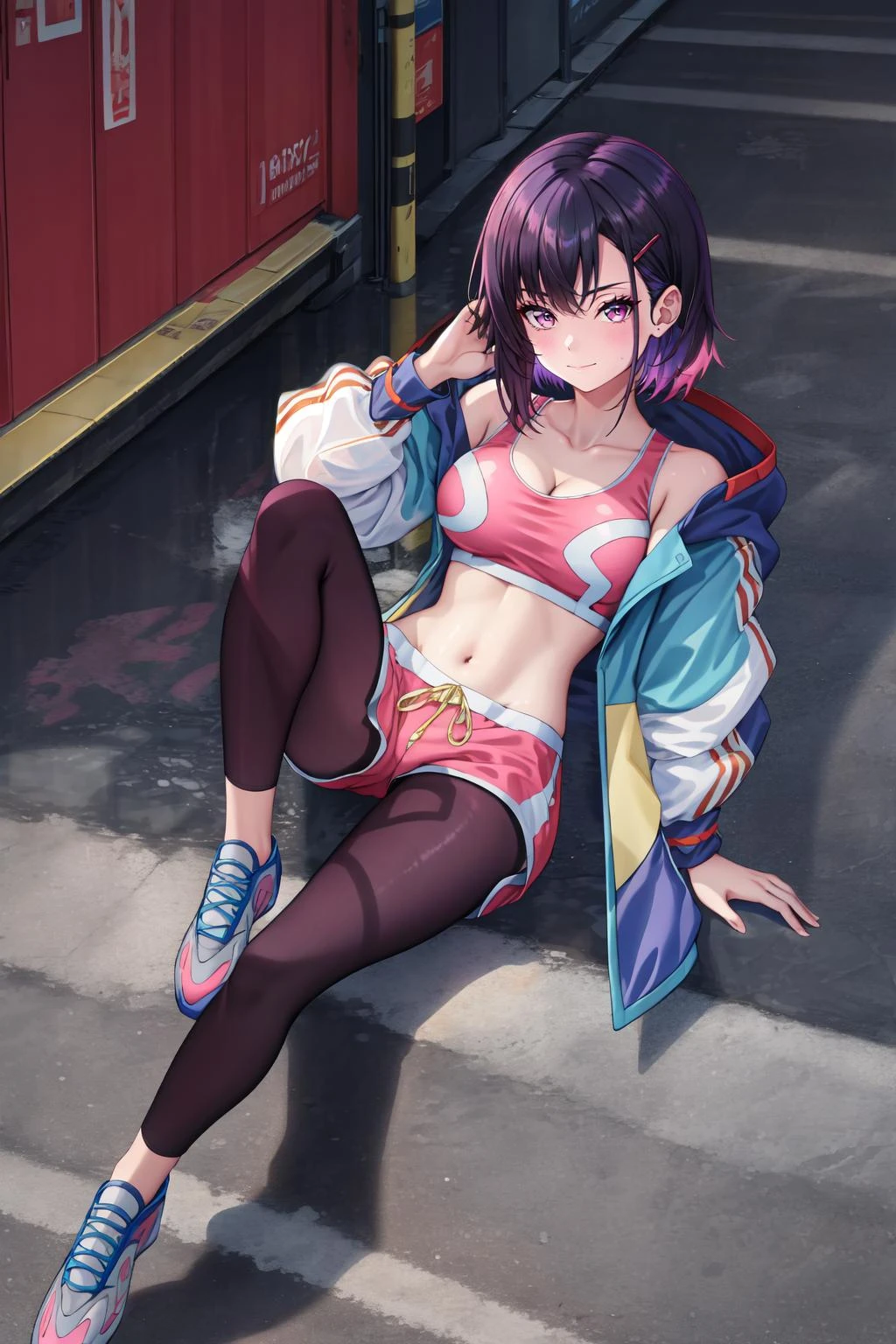 masterpiece, best quality, MShizukaV4, 1girl, solo, looking at viewer, slight smile, sitting, hair ornament, long sleeves, navel, cleavage, closed mouth, collarbone, jacket, open clothes, shoes, sneakers, shorts, hairclip, midriff, crop top, multicolored clothes, sports bra, dark purple leggings, legwear under shorts, pink shorts, city alley, steps, night, cowboy shot, <lora:MShizukaV4-10:1>
