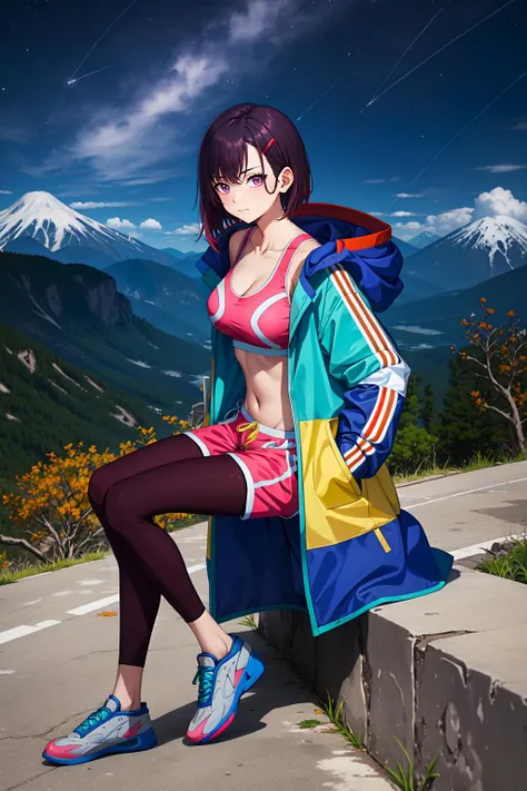 masterpiece, best quality, MShizukaV4, 1girl, solo, looking at viewer, slight smile, sitting, hair ornament, long sleeves, navel, cleavage, closed mouth, collarbone, jacket, open clothes, shoes, sneakers, shorts, hairclip, midriff, crop top, multicolored clothes, sports bra, dark purple leggings, legwear under shorts, pink shorts, outdoors, ((hands in pockets)), ((mountain)), ((night)), starry sky, sky, from side, portrait, <lora:MShizukaV4-10:0.8>