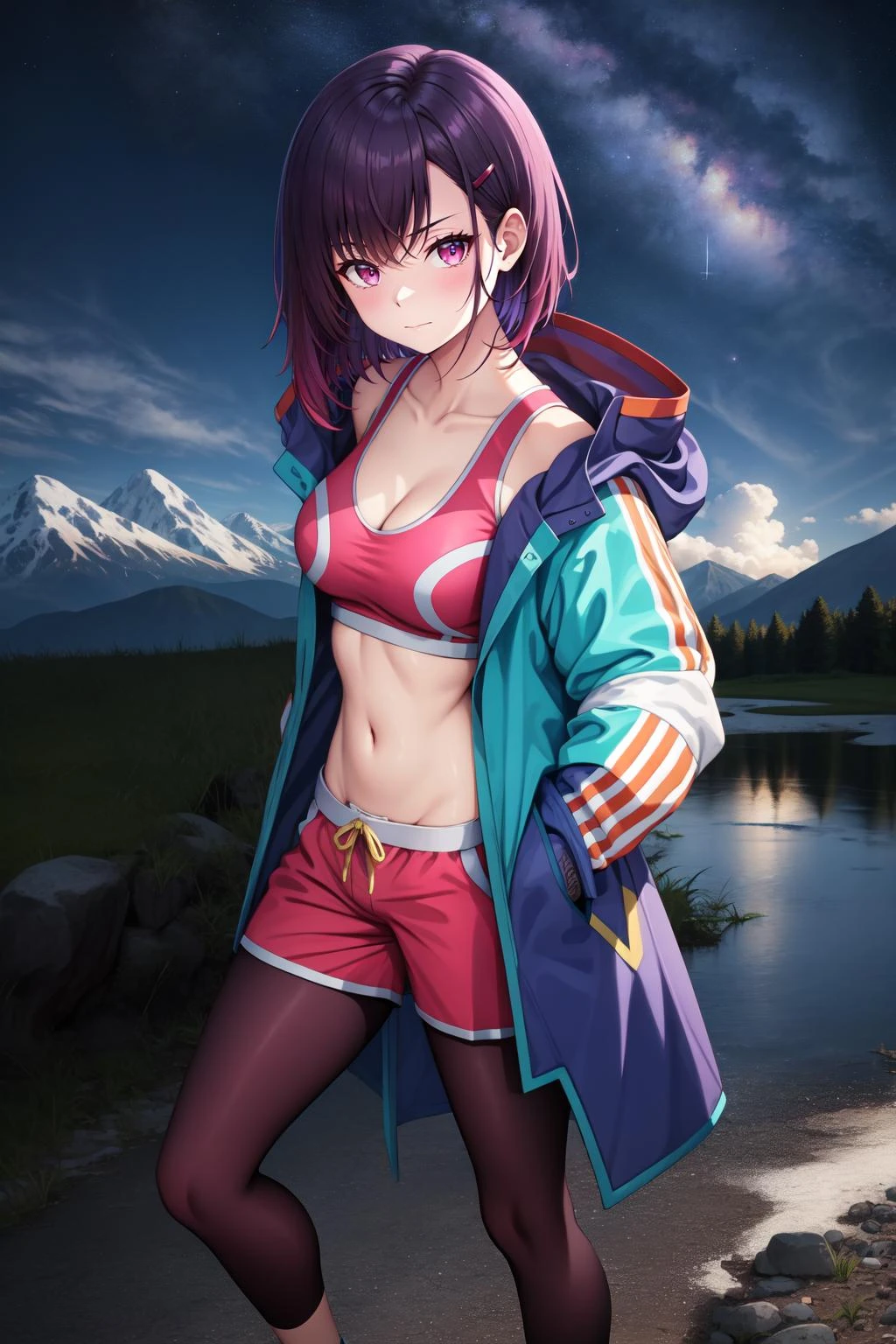 masterpiece, best quality, MShizukaV4, 1girl, solo, looking at viewer, slight smile, sitting, hair ornament, long sleeves, navel, cleavage, closed mouth, collarbone, jacket, open clothes, shoes, sneakers, shorts, hairclip, midriff, crop top, multicolored clothes, sports bra, dark purple leggings, legwear under shorts, pink shorts, outdoors, ((hands in pockets)), ((mountain)), ((night)), starry sky, sky, from side, cowboy shot, <lora:MShizukaV4-10:0.8>