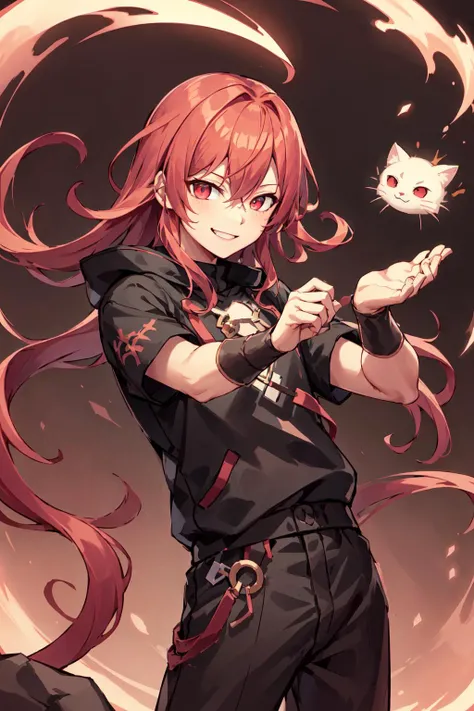 <lora:Sagat&Deliner:0.6> male, black outfit, long red hair, smile, summoning electric cat