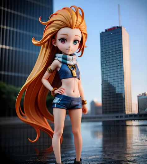 <lora:zoe02_nai_lion_06-000020:1>zuoyi,1girl,3D,heterochromia,multicolored hair,very long hair,chibi,navel, jewelry, midriff, crop top,bracelet, armlet,depth of field,looking at viewer,shorts,full body,city,skyscraper