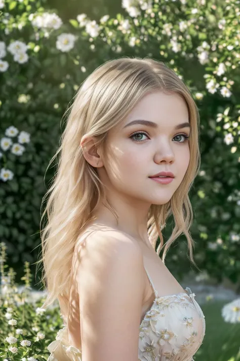 a photo of a beautiful S064_ChanelFenn, posing in a (garden:1.2), wearing a (timeless-dress:1.1), (8k, RAW photo, best quality, ultra high res, depth of field:1.1), (absurdres, intricate, photorealistic, masterpiece, ultra-detailed, Unreal Engine:1.3)