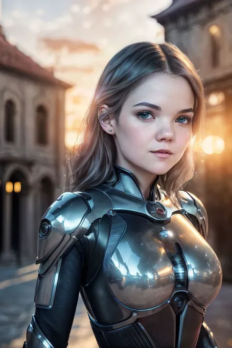 a photo of S064_ChanelFenn, a stunning woman, in an (old town), (sunset:1.2), wearing a (tech-mech-suit:1.2), (8k, RAW photo, best quality, ultra high res, depth of field:1.2), (absurdres, intricate, photorealistic, masterpiece, ultra-detailed, Unreal Engine:1.3)