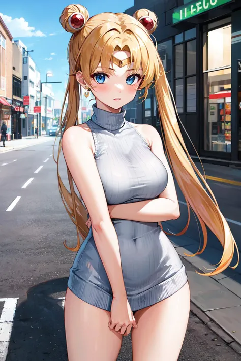 masterpiece, best quality, highres, 1girl, aausagi, double bun, twintails, parted bangs, circlet, earrings, <lora:sailor_moon_v1:0.7>, sweater dress, sleeveless, virgin killer sweater, turtleneck, street, outdoors, cowboy shot