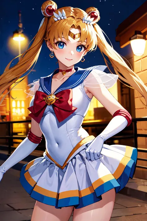 a anime girl with long hair posing on the moon, near a house and a building, 1girl, sailor moon, tsukino usagi, solo, skirt, sailor senshi uniform, blonde hair, blue eyes, gloves, panties, twintails, underwear, skirt lift, long hair, white gloves, moon, clothes lift, jewelry, night, looking at viewer, earrings, smile, choker, white panties, bow, double bun, breasts, lifted by self,lol_i,Ichigo Hoshimiya (Aikatsu!),supersailormoon