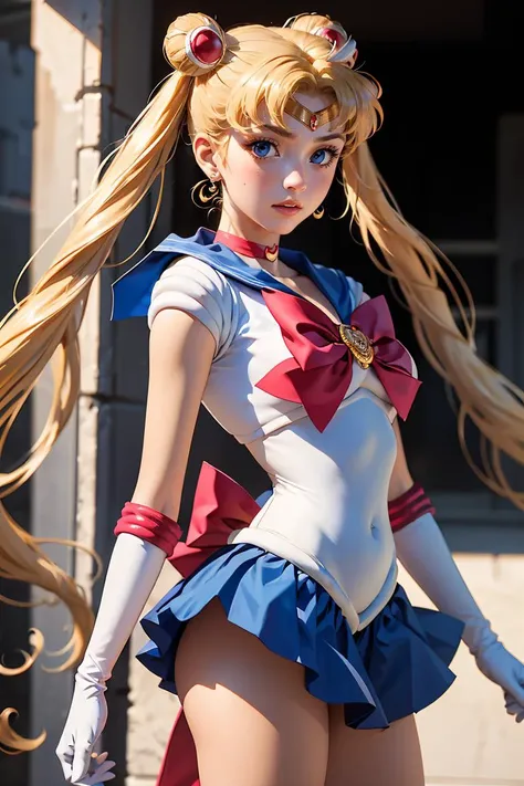 (masterpiece, best quality), 1girl, 22 years old, <lora:sailor_moon_v1:1> aausagi, double bun, twintails, parted bangs, circlet, jewelry, earrings, choker, red bow, white gloves, elbow gloves, blue skirt,