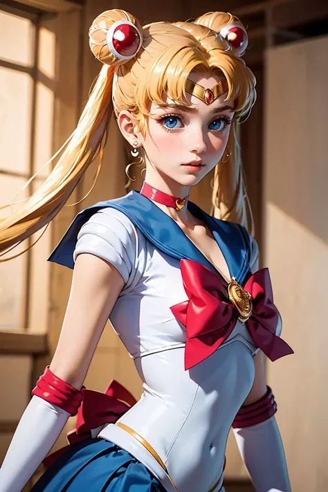 (masterpiece, best quality), 1girl, 22 years old, <lora:sailor_moon_v1:1> aausagi, double bun, twintails, parted bangs, circlet, jewelry, earrings, choker, red bow, white gloves, elbow gloves, blue skirt,