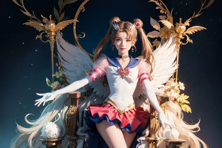 masterpiece, best quality, highres, 1girl, aausagi, double bun, twintails, parted bangs, hair ornament, circlet, jewelry, earrings, choker, see-through, red bow, white gloves, elbow gloves, multicolored skirtaausagi, double bun, twintails, parted bangs, hair ornament, crescent facial mark, jewelry, earrings, choker, puffy short sleeves, pink sleeves, heart brooch, white gloves, elbow gloves, layered skirtfeathered wings, <lora:sailor_moon_v1:0.7>, throne, smile, knee boots, bird wings, Cinematic Lighting,