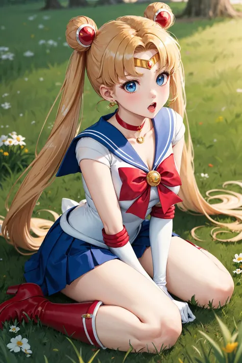 masterpiece, best quality, highres, 1girl, aausagi, double bun, twintails, parted bangs, circlet, jewelry, earrings, choker, red bow, white gloves, elbow gloves, blue skirt, <lora:sailor_moon_v1:0.7>, wariza, outdoors, grass, :o, red footwear, knee boots,