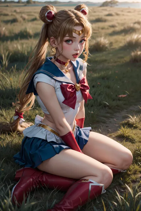 masterpiece, best quality, highres, 1girl, aausagi, double bun, twintails, parted bangs, circlet, jewelry, earrings, choker, red bow, white gloves, elbow gloves, blue skirt, <lora:sailor_moon_v1:0.7>, wariza, outdoors, grass, :o, red footwear, knee boots,