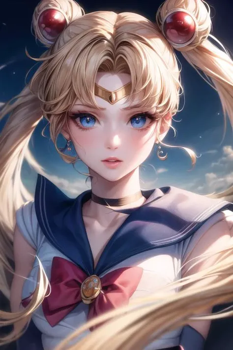 unparalleled masterpiece, 8k,(high quality:1.2) perfect artwork ,outdoor,cowboy shot,1girl,<lora:sailor_moon_v1:0.7> , aausagi, double bun, twintails, parted bangs, circlet, jewelry, earrings, choker, red bow, white gloves, elbow gloves, blue skirt, jewelry, earrings, clean, beautiful face, pure face, pale skin, (colored inner hair:1.103),(detail hair:1.08),(Long eyelashes:1.1),(finely detailed beautiful eyes and face), (hyper extreme detailed:1.05) ,stunning lighting effects,<lora:add_detail:1>,