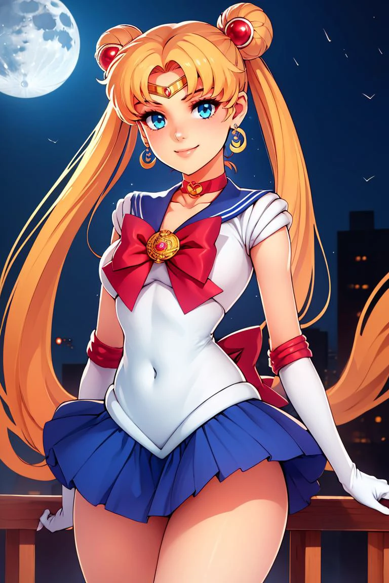<lora:ricegnat_style:0.8>,masterpiece, best quality, highres, 1girl, aausagi, double bun, twintails, parted bangs, circlet, jewelry, earrings, choker, red bow, white gloves, elbow gloves, blue skirt, <lora:sailor_moon_v1:0.7>, standing, cowboy shot, night, outdoors, moon, smile, city,