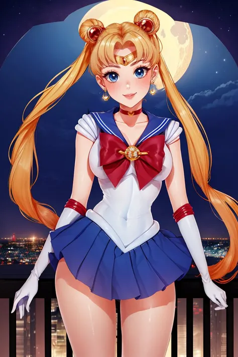 <lora:Puppypaww_Style:0.8>,masterpiece, best quality, highres, 1girl, aausagi, double bun, twintails, parted bangs, circlet, jewelry, earrings, choker, red bow, white gloves, elbow gloves, blue skirt, <lora:sailor_moon_v1:0.7>, standing, cowboy shot, night, outdoors, moon, smile, city,