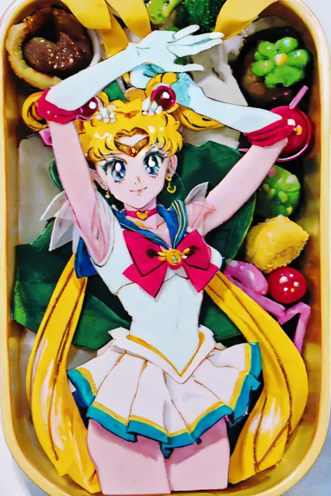 <lora:kyaraben:1> <lora:sailor_moon_v1:1>aausagi, double bun, twintails, parted bangs, hair ornament, circlet, jewelry, earrings, choker, see-through, red bow, white gloves, elbow gloves, multicolored skirt
(best quality, masterpiece, RAW photo,ultra-detailed:1.2), <lyco:GoodHands-beta2:1.0>1GIRL,solo,looking at viewer,smile,armpit,cleavage,