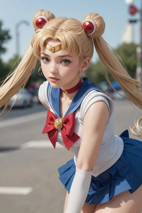 rule of thirds, , Leaning forward with elbows on a surface, Full-Frame DSLR photo, Tilt-Shift Blur,<lora:sailor_moon_v1:0.7> ,(aausagi, double bun, twintails, parted bangs, circlet, jewelry, earrings, choker, red bow, white gloves, elbow gloves, blue skirt:1.2)