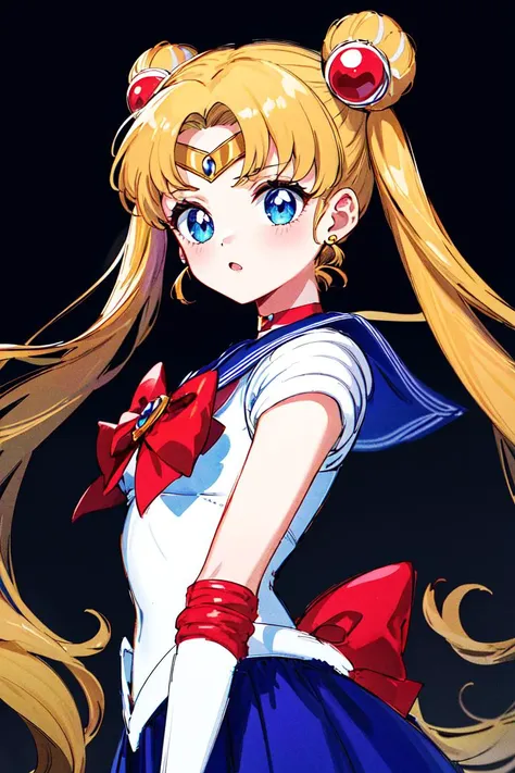 masterpiece, best quality, highres, 1girl, aausagi, double bun, twintails, parted bangs, circlet, jewelry, earrings, choker, red bow, white gloves, elbow gloves, blue skirt, <lora:sailor_moon_v1:0.7>, (1990s \(style\):1.1),