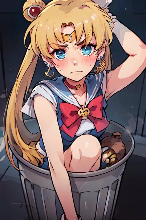 ((masterpiece,best quality)), anime style, <lora:Trash_Waifu:0.8>, Trash Waifu, 1girl, frown, blushing, angry, aausagi, blonde, double bun, twintails, parted bangs, circlet, jewelry, earrings, choker, red bow, white gloves, elbow gloves, <lora:sailor_moon_v1:0.7>