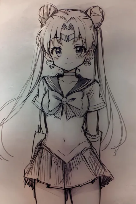 <lora:Pencil_Sketch_Dim64_SD-05:1>,(Pencil_Sketch:1.2, messy lines, greyscale, traditional media, sketch), unfinished, hatching (texture) , 1girl, aausagi, double bun, twintails, parted bangs, circlet, jewelry, earrings, choker, bow, white gloves, elbow gloves, skirt, <lora:sailor_moon_v1:0.7>, standing, cowboy shot, night, outdoors, moon, smile