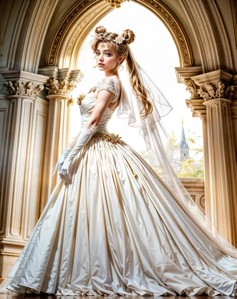 photography, portrait, beautiful_bride Sailor-Moon, aausagi, double golden_bun, twintails, parted bangs, (hair ornament), circlet, jewelry, earrings, ornamented wedding_gloves, expinsive ornamented long wedding_dress, expensive gorgeous ornamented high-heels, elegantly posing, wedding arch, beautiful flower_garden on backround, (hyper realistic skin), (intricate), photorealism, hyper realism, 8k, hdr, unreal engine, contrast lighting, deep focus  <lora:add_detail:1>