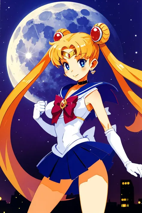 <lora:Harada_Takehito_v2_Repeats5:0.8>,masterpiece, best quality, highres, 1girl, aausagi, double bun, twintails, parted bangs, circlet, jewelry, earrings, choker, red bow, white gloves, elbow gloves, blue skirt, <lora:sailor_moon_v1:0.7>, standing, cowboy shot, night, outdoors, moon, smile, city,