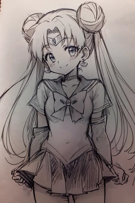<lora:Pencil_Sketch_Dim64_SD-05:1>,(Pencil_Sketch:1.2, messy lines, greyscale, traditional media, sketch), unfinished, hatching (texture) , 1girl, aausagi, double bun, twintails, parted bangs, circlet, jewelry, earrings, choker, bow, white gloves, elbow gloves, skirt, <lora:sailor_moon_v1:0.7>, standing, cowboy shot, night, outdoors, moon, smile