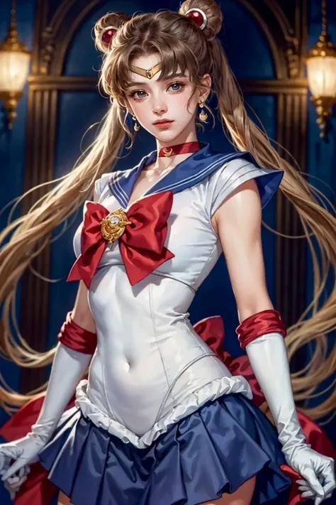 best quality,masterpiece,highres,original,extremely detailed wallpaper,perfect lighting,extremely detailed CG,<lora:add_detail:0.3>,standing,
<lora:CHAR+SailorMoon_1:0.8>,aausagi,double bun,twintails,parted bangs,circlet,jewelry,earrings,choker,red bow,white gloves,elbow gloves,blue skirt,
