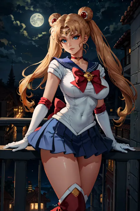(masterpiece, best quality, ultra detailed, absurdres)1.5, 1girl, (sexy, beautiful woman, perfect face, perfect eyes, perfect female body, huge breasts)1.5, (aausagi, double bun, twintails, parted bangs, circlet, jewelry, earrings, choker, red bow, white gloves, elbow gloves, blue skirt, red boots with white trim, <lora:sailor_moon_v1:0.7>), (standing on a balcony, night sky, moonlit), perfect lighting, smooth, hdr