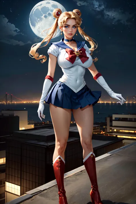 (masterpiece, best quality, ultra detailed, absurdres)1.5, 1girl, (sexy, beautiful woman, perfect face, perfect eyes, perfect female body, huge breasts)1.5, (aausagi, double bun, twintails, parted bangs, circlet, jewelry, earrings, choker, red bow, white gloves, elbow gloves, blue skirt, red boots with white trim, <lora:sailor_moon_v1:0.7>), (standing on a rooftop, Japanese city in background, night sky, moonlit), perfect lighting, smooth, hdr